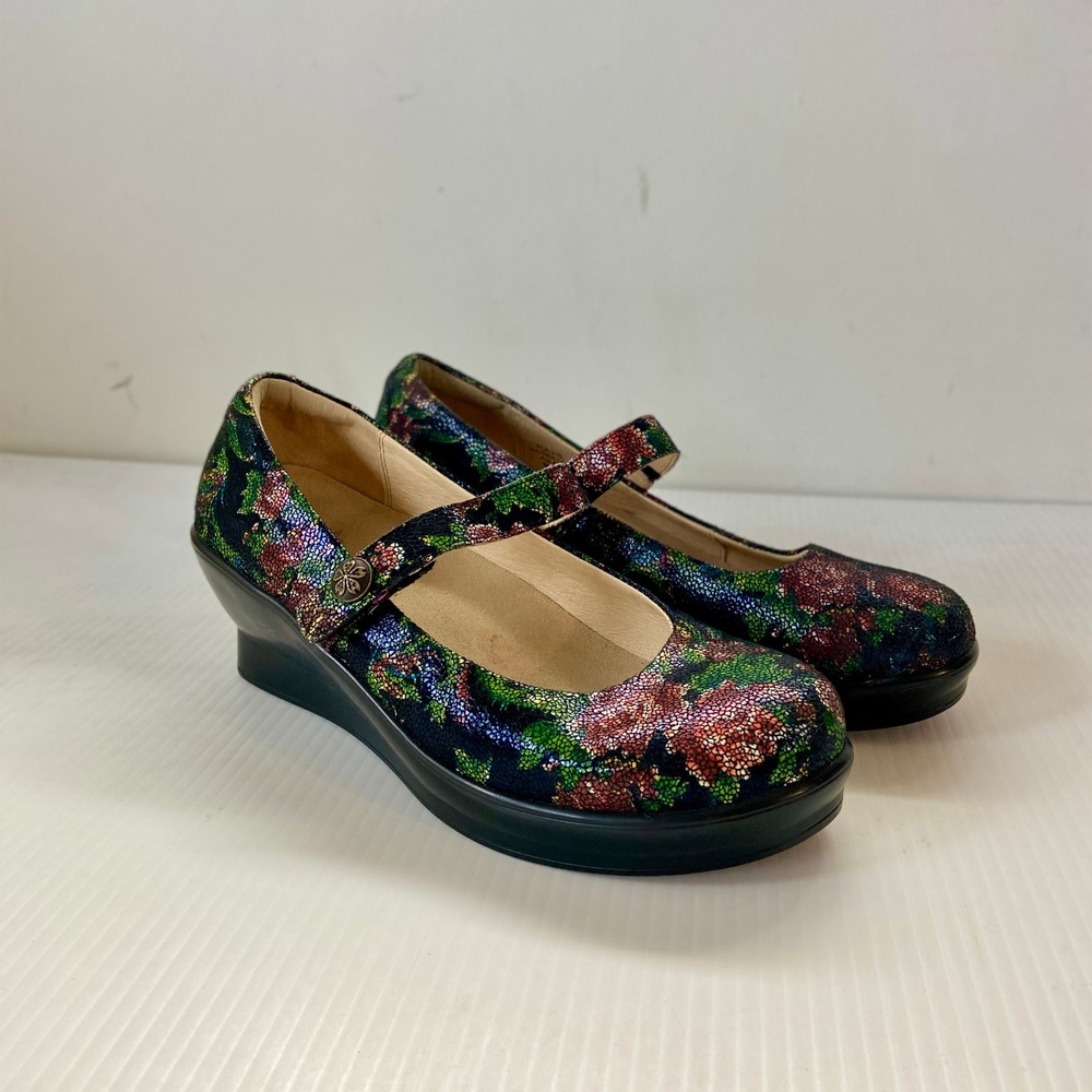 Alegria Flair Winter Garden Floral Leather Mary Jane Wedge Pumps Shoes Women 8.5
